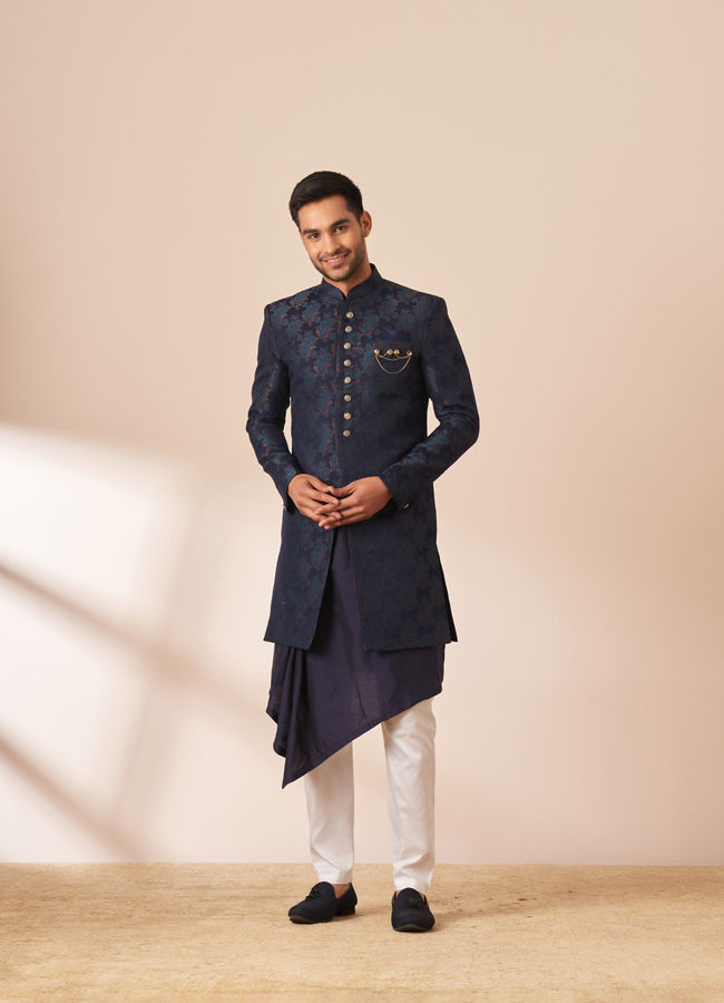 alt message - Manyavar Men Dark Blue Self Design Indo Western image number 1